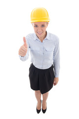 funny portrait of business woman in builder helmet thumbs up iso