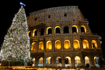 Coliseum and Christmas Tree in Rome, Italy - 75786902