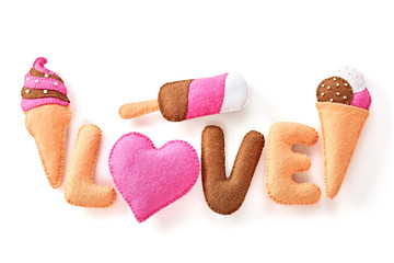 Valentines Day background. Word Love, Heart, Ice Cream Handmade