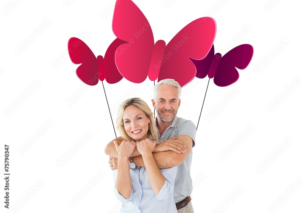 Poster composite image of happy couple standing and hugging