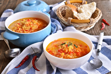 Soup of red lentils and vegetables