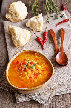 Soup of red lentils and vegetables