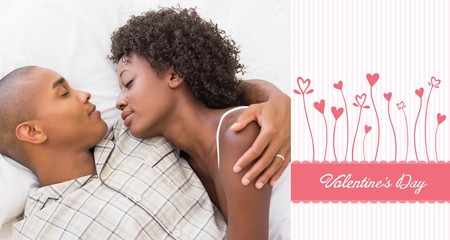 Composite image of happy couple sleeping in bed together