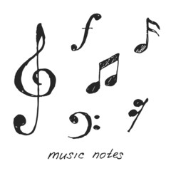 Music notes and signs hand-drawn.
