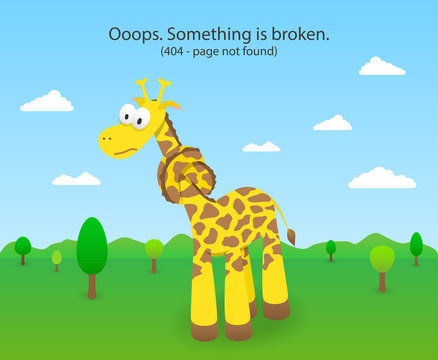 404 error page with knotted giraffe. 404 Page not found site.