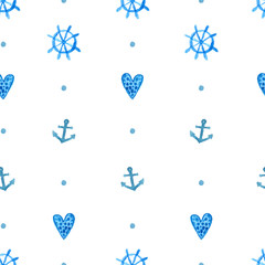 Simple nautical pattern with watercolor painted anchors, blue