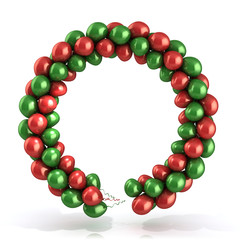 Red and green balloons wreath, isolated on white 