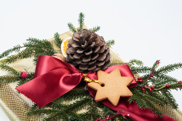Holiday gift boxes decorated with red ribbon