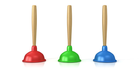 Red, green and blue plungers isolated on white background 