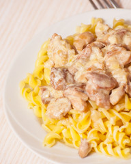Sliced fried chicken in a creamy sauce. with fusilli pasta