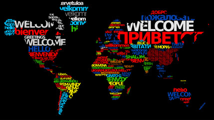 Welcome world map multicolor word text tag cloud greeting