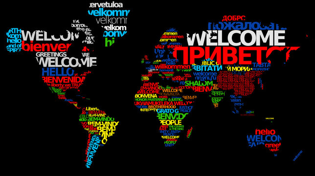 Welcome world map multicolor word text tag cloud greeting