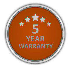Five year warranty circular icon on white background
