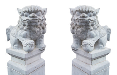 Fototapeta na wymiar Couple Chinese Lion Stone With Clipping Path