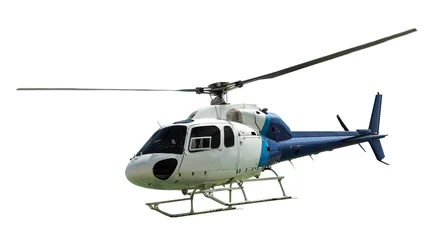 Fotobehang Helikopter Witte helikopter met werkende propeller