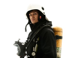 Fototapeta premium Firefighter with oxygen balloon isolated on white