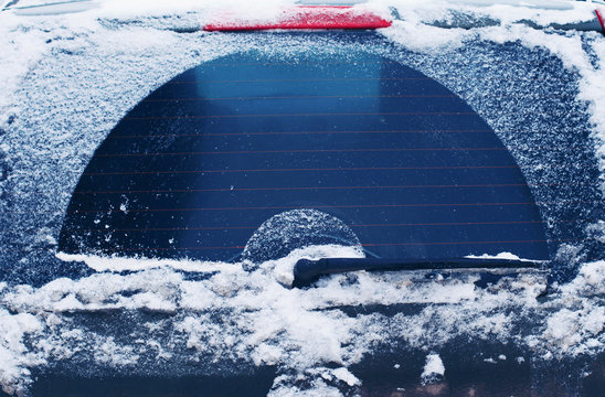 Winter Frozen Back Car Window, Texture Freezing Ice Glass Backgr