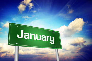 Obraz premium January Green Road Sign, Months of the Year concept
