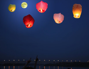 Multi-colored lanterns in the sky