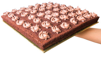 Female hand holding chocolate sheet cake over white background
