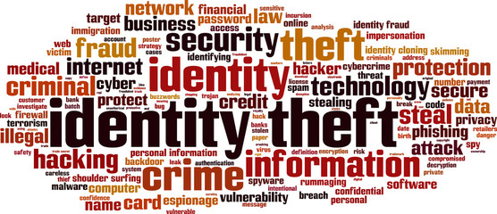 Identity theft word cloud concept. Vector illustration