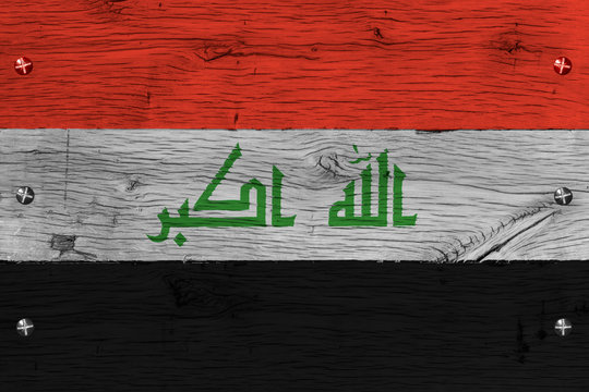 Iraq national flag painted old oak wood fastened