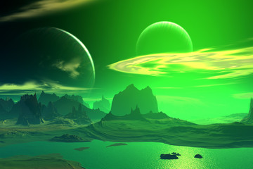 Obraz na płótnie Canvas 3D rendered fantasy alien planet. Rocks and moon