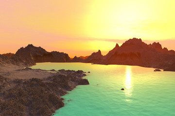 Naklejka na ściany i meble 3D rendered fantasy alien planet. Rocks and sunset
