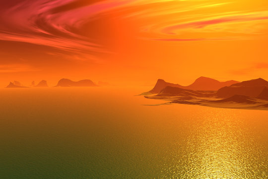 3D rendered fantasy alien planet. Rocks and  sunset