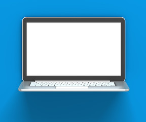 Laptop with blank screen against blue wall, 3d render