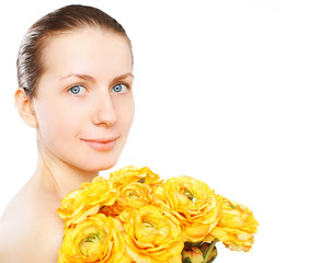 Fototapeta premium Beauty portrait woman and yellow flowers on a white background