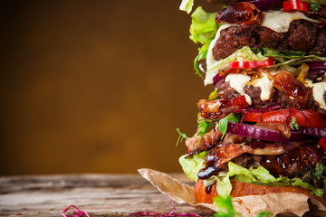 delicious big hamburger on wood