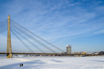 Cable-stayed bridge over river Daugava in Riga