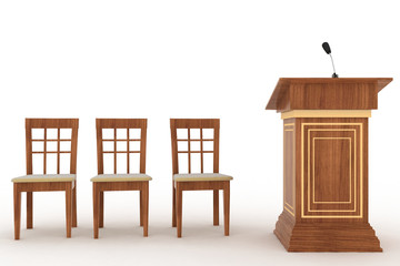Wooden Rostrum Stand with Microphone and three chairs