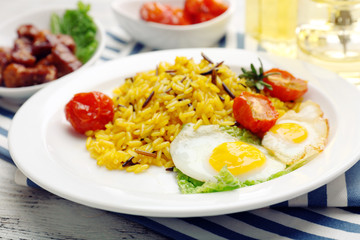 Tasty rice served on table, close-up