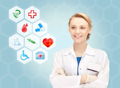 smiling doctor over medical icons blue background
