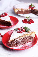 Tasty homemade pie on table