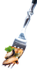 Mussels on a fork (over white)