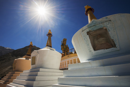 Three stupa and blue sky at Diskit monastery, Ladakh, India