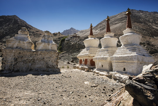 Three stupa and blue sky at Diskit monastery, Ladakh