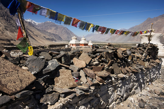 Stupa and player flags near Diskit monastery in Ladakh