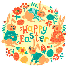 Happy Easter card with cute bunnies and colored eggs.