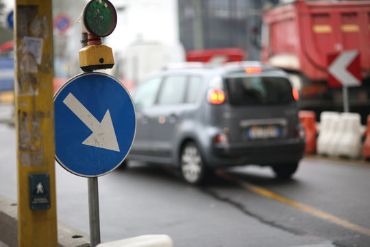 Regulatory sign on the road, roadworks concept