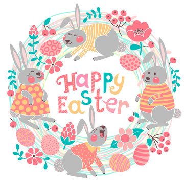 Happy Easter card with cute bunnies and colored eggs.