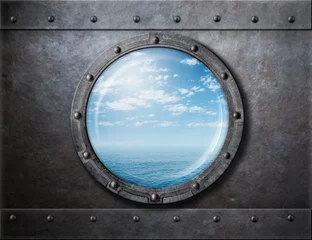 Foto auf Acrylglas Schiff altes Schiff rostiges Bullauge oder Fenster mit Meer und Horizont dahinter