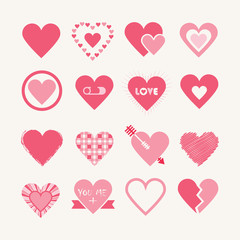 Assorted designs of pink hearts icons set