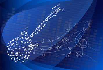 Vector illustration of Guitar Melody, simple white on blue.