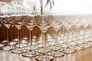 Rows of shiny empty high glasses