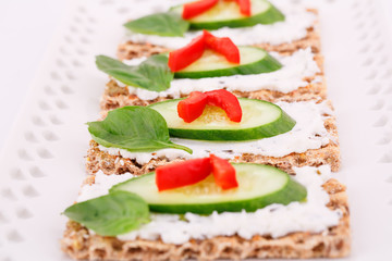 Cracker with fresh vegetables and cream