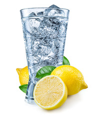 Glass of lemon juice with fruit isolated on white.